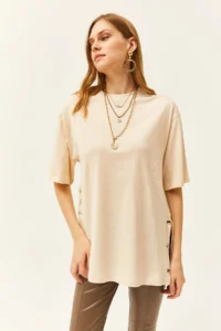 Olalook Women's Beige Buttoned Cotton T-Shirt - Image 3