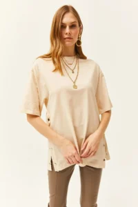 Olalook Women's Beige Buttoned Cotton T-Shirt - Image 4