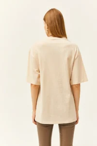 Olalook Women's Beige Buttoned Cotton T-Shirt - Image 5