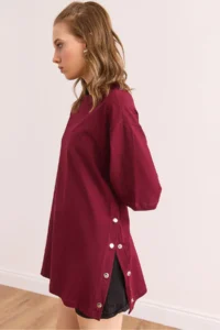 Olalook Women's Burgundy Side Buttoned Cotton T-Shirt