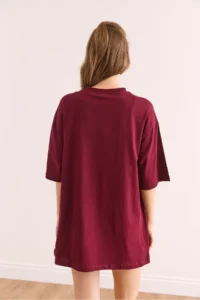 Olalook Women's Burgundy Side Buttoned Cotton T-Shirt - Image 2