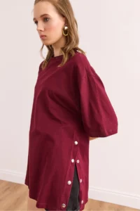 Olalook Women's Burgundy Side Buttoned Cotton T-Shirt - Image 3