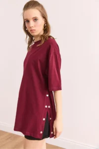 Olalook Women's Burgundy Side Buttoned Cotton T-Shirt - Image 4