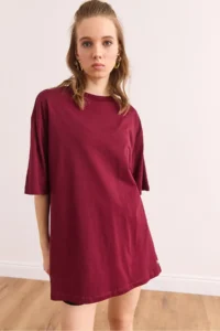 Olalook Women's Burgundy Side Buttoned Cotton T-Shirt - Image 5