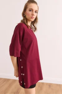 Olalook Women's Burgundy Side Buttoned Cotton T-Shirt - Image 6