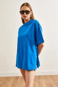 Olalook Women's Saks Blue Buttoned Side Cotton T-Shirt - Image 2