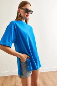 Olalook Women's Saks Blue Buttoned Side Cotton T-Shirt - Image 3