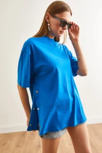 Olalook Women's Saks Blue Buttoned Side Cotton T-Shirt - Image 4