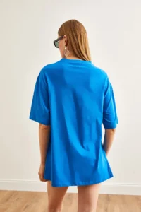 Olalook Women's Saks Blue Buttoned Side Cotton T-Shirt - Image 5