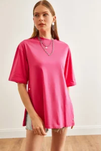 Olalook Women's Fuchsia Buttoned Cotton T-Shirt - Image 2