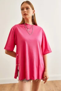 Olalook Women's Fuchsia Buttoned Cotton T-Shirt - Image 3