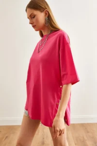 Olalook Women's Fuchsia Buttoned Cotton T-Shirt - Image 4