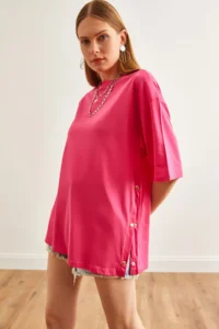 Olalook Women's Fuchsia Buttoned Cotton T-Shirt - Image 5