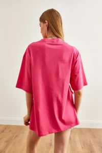 Olalook Women's Fuchsia Buttoned Cotton T-Shirt - Image 6