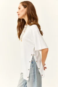Olalook Women's White Cotton T-Shirt with Gold Buttons on the Sides