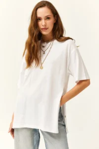 Olalook Women's White Cotton T-Shirt with Gold Buttons on the Sides - Image 2
