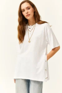 Olalook Women's White Cotton T-Shirt with Gold Buttons on the Sides - Image 3