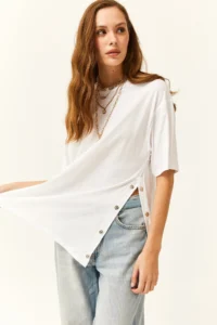 Olalook Women's White Cotton T-Shirt with Gold Buttons on the Sides - Image 4