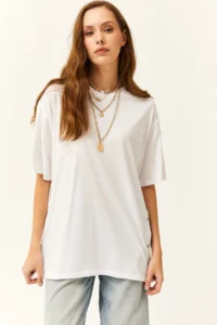 Olalook Women's White Cotton T-Shirt with Gold Buttons on the Sides - Image 5