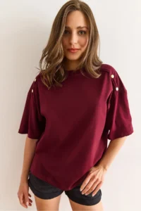 Olalook Women's Burgundy Shoulder Gold Button Cotton T-Shirt