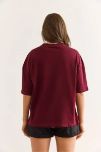 Olalook Women's Burgundy Shoulder Gold Button Cotton T-Shirt - Image 2