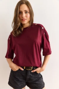 Olalook Women's Burgundy Shoulder Gold Button Cotton T-Shirt - Image 3