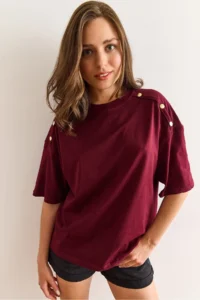 Olalook Women's Burgundy Shoulder Gold Button Cotton T-Shirt - Image 4