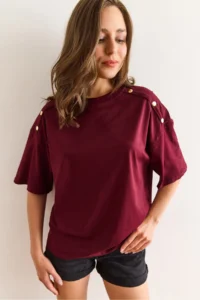 Olalook Women's Burgundy Shoulder Gold Button Cotton T-Shirt - Image 5