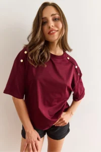 Olalook Women's Burgundy Shoulder Gold Button Cotton T-Shirt - Image 6