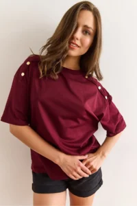 Olalook Women's Burgundy Shoulder Gold Button Cotton T-Shirt - Image 7
