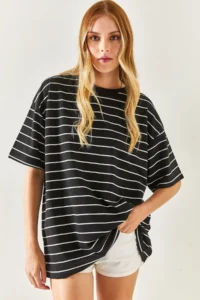 Olalook Women's Black Striped 2 Thread Oversize Unisex T-Shirt