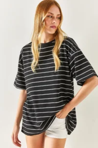 Olalook Women's Black Striped 2 Thread Oversize Unisex T-Shirt - Image 2
