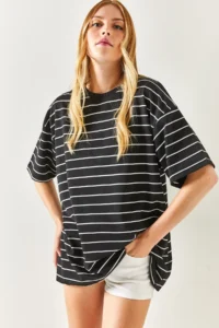 Olalook Women's Black Striped 2 Thread Oversize Unisex T-Shirt - Image 3