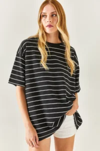Olalook Women's Black Striped 2 Thread Oversize Unisex T-Shirt - Image 4