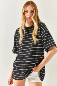 Olalook Women's Black Striped 2 Thread Oversize Unisex T-Shirt - Image 5