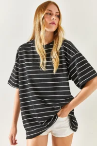 Olalook Women's Black Striped 2 Thread Oversize Unisex T-Shirt - Image 6