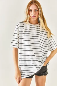 Olalook Women's White Striped 2 Thread Oversize Unisex T-Shirt - Image 2