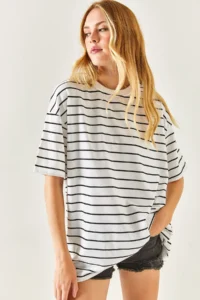 Olalook Women's White Striped 2 Thread Oversize Unisex T-Shirt - Image 5