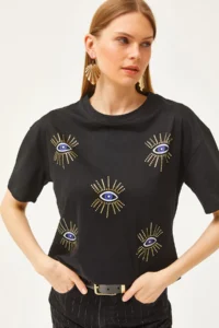 Olalook Women's Black Eye Printed Foil Detailed T-Shirt