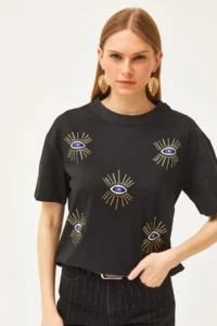 Olalook Women's Black Eye Printed Foil Detailed T-Shirt - Image 2