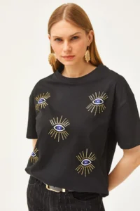 Olalook Women's Black Eye Printed Foil Detailed T-Shirt - Image 3