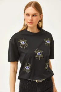 Olalook Women's Black Eye Printed Foil Detailed T-Shirt - Image 4