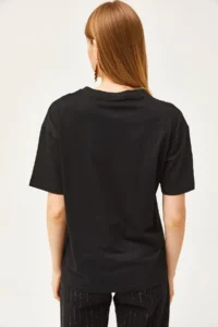 Olalook Women's Black Eye Printed Foil Detailed T-Shirt - Image 5