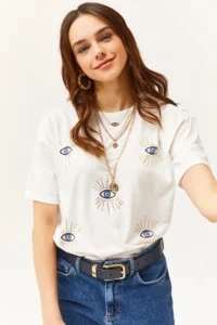 Olalook Women's Ecru Eye Printed T-Shirt with Foil Detail