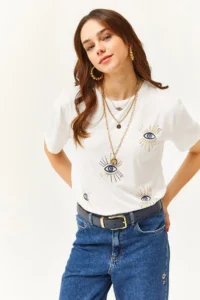 Olalook Women's Ecru Eye Printed T-Shirt with Foil Detail - Image 2
