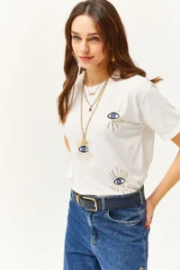 Olalook Women's Ecru Eye Printed T-Shirt with Foil Detail - Image 3