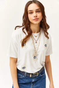 Olalook Women's Ecru Eye Printed T-Shirt with Foil Detail - Image 4