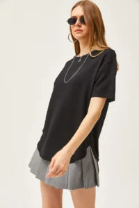 Olalook Women's Black Modal Touch Soft Textured Oval Bottom T-Shirt - Image 2