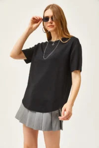 Olalook Women's Black Modal Touch Soft Textured Oval Bottom T-Shirt - Image 3