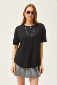 Olalook Women's Black Modal Touch Soft Textured Oval Bottom T-Shirt - Image 4
